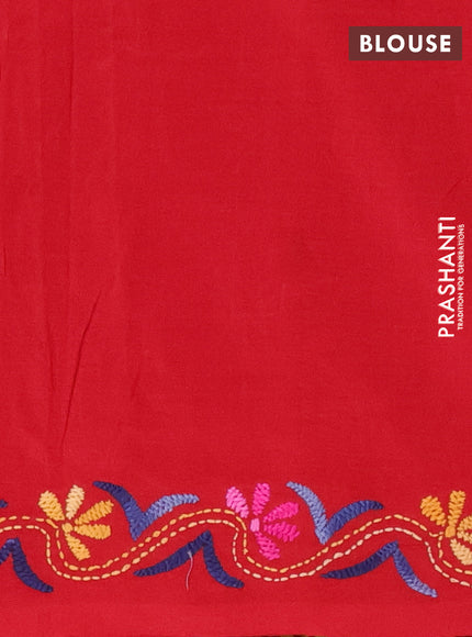 Ikat cotton saree bottle green and maroon with allover ikat weaves and kantha stitch work pallu