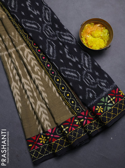 Ikat cotton saree mehendi green and black with allover ikat weaves and kantha stitch work pallu