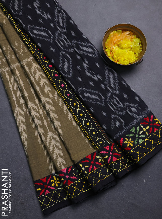 Ikat cotton saree mehendi green and black with allover ikat weaves and kantha stitch work pallu