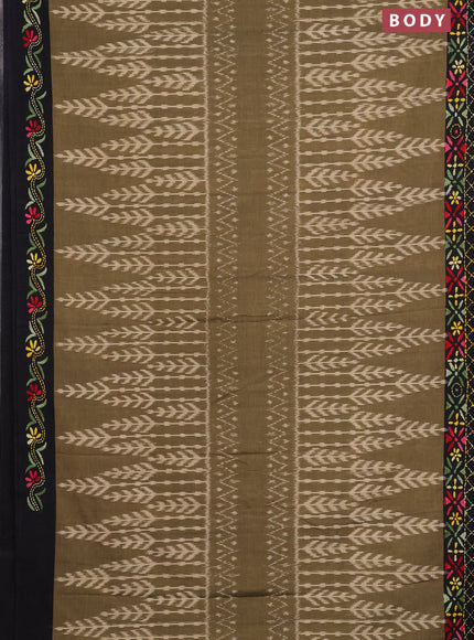 Ikat cotton saree mehendi green and black with allover ikat weaves and kantha stitch work pallu