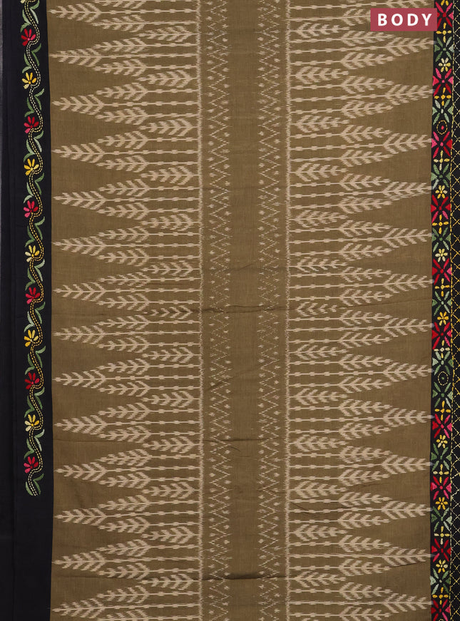 Ikat cotton saree mehendi green and black with allover ikat weaves and kantha stitch work pallu