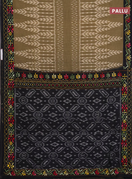 Ikat cotton saree mehendi green and black with allover ikat weaves and kantha stitch work pallu