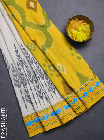 Ikat cotton saree cream black and yellow with allover ikat weaves  and kantha stitch work pallu