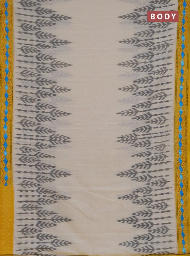 Ikat cotton saree cream black and yellow with allover ikat weaves  and kantha stitch work pallu