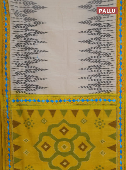 Ikat cotton saree cream black and yellow with allover ikat weaves  and kantha stitch work pallu