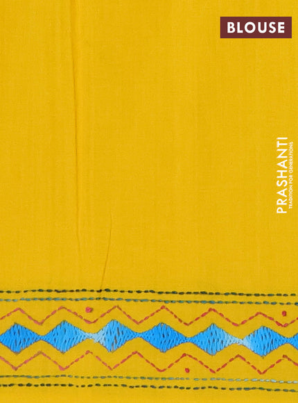 Ikat cotton saree cream black and yellow with allover ikat weaves  and kantha stitch work pallu