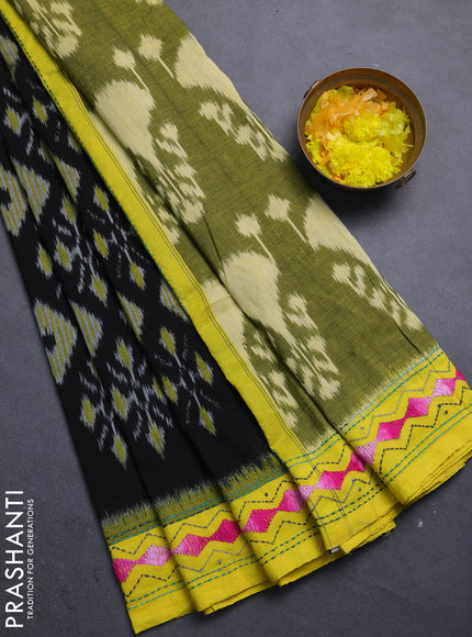 Ikat cotton saree black and yellow with allover ikat weaves and kantha stitch work pallu
