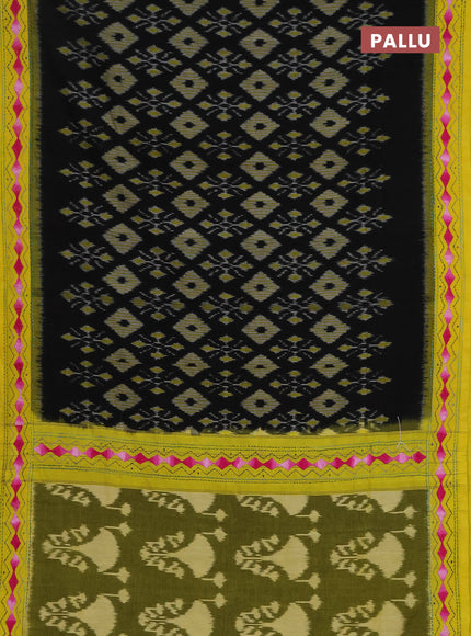 Ikat cotton saree black and yellow with allover ikat weaves and kantha stitch work pallu