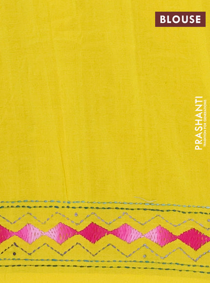 Ikat cotton saree black and yellow with allover ikat weaves and kantha stitch work pallu