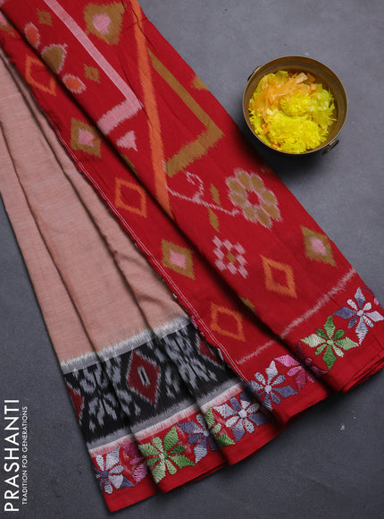 Ikat cotton saree rust shade and maroon with plain body and ikat woven & kantha stitch work border