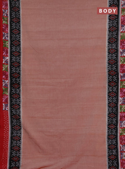 Ikat cotton saree rust shade and maroon with plain body and ikat woven & kantha stitch work border