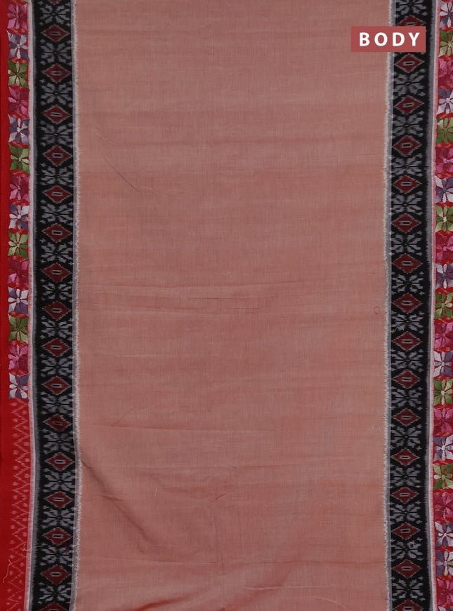 Ikat cotton saree rust shade and maroon with plain body and ikat woven & kantha stitch work border