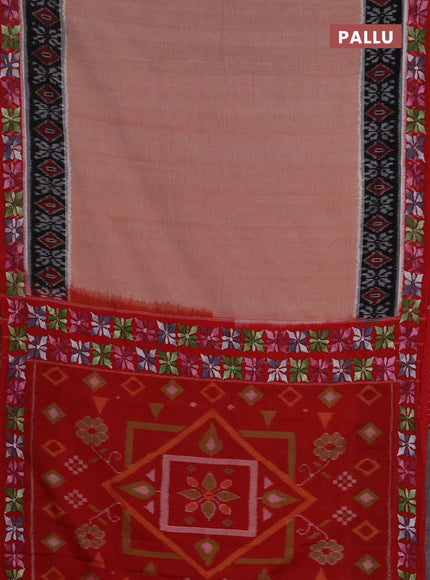 Ikat cotton saree rust shade and maroon with plain body and ikat woven & kantha stitch work border