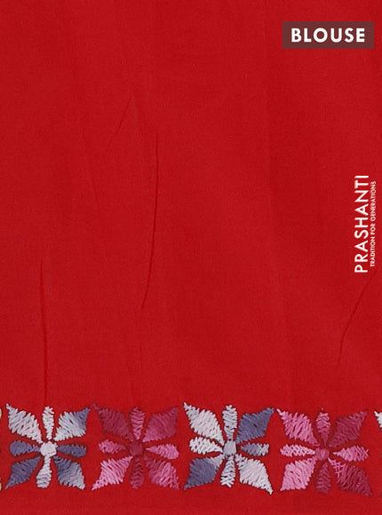 Ikat cotton saree rust shade and maroon with plain body and ikat woven & kantha stitch work border