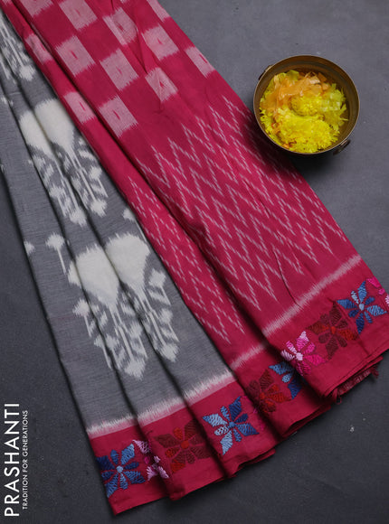 Ikat cotton saree grey and pink with allover ikat weaves and kantha stitch work pallu