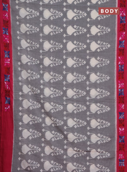 Ikat cotton saree grey and pink with allover ikat weaves and kantha stitch work pallu