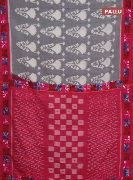 Ikat cotton saree grey and pink with allover ikat weaves and kantha stitch work pallu