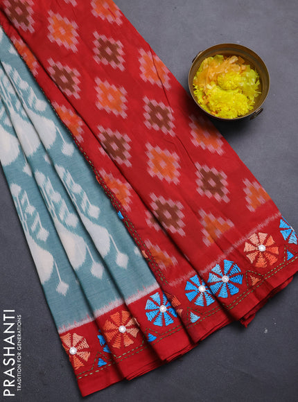 Ikat cotton saree pastel green and red with allover ikat weaves and kantha stitch work pallu