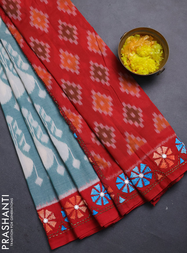 Ikat cotton saree pastel green and red with allover ikat weaves and kantha stitch work pallu