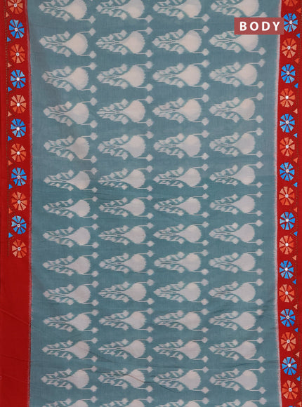 Ikat cotton saree pastel green and red with allover ikat weaves and kantha stitch work pallu