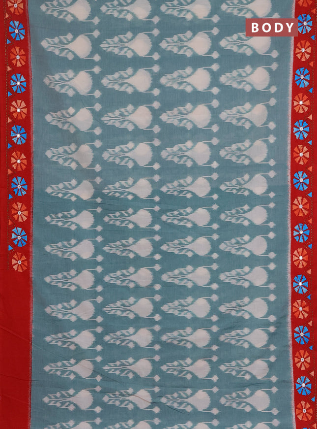 Ikat cotton saree pastel green and red with allover ikat weaves and kantha stitch work pallu