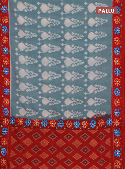 Ikat cotton saree pastel green and red with allover ikat weaves and kantha stitch work pallu