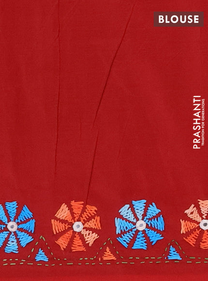 Ikat cotton saree pastel green and red with allover ikat weaves and kantha stitch work pallu