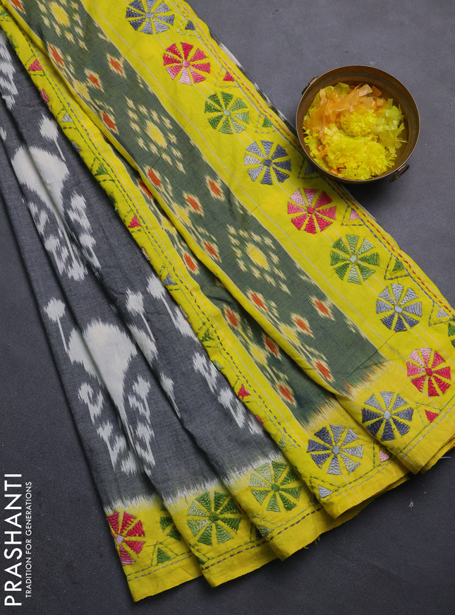 Ikat cotton saree cream black and yellow with allover ikat weaves and kantha stitch work pallu
