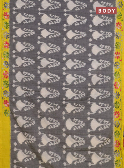Ikat cotton saree cream black and yellow with allover ikat weaves and kantha stitch work pallu