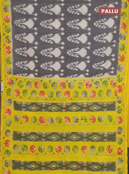 Ikat cotton saree cream black and yellow with allover ikat weaves and kantha stitch work pallu