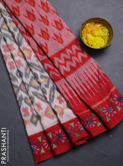 Ikat cotton saree off white and red with allover ikat weaves and kantha stitch work pallu
