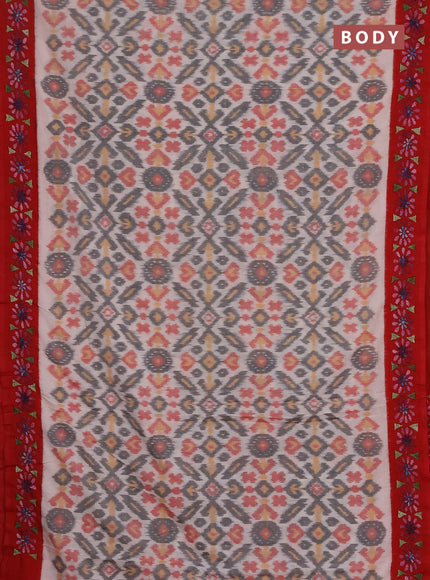 Ikat cotton saree off white and red with allover ikat weaves and kantha stitch work pallu