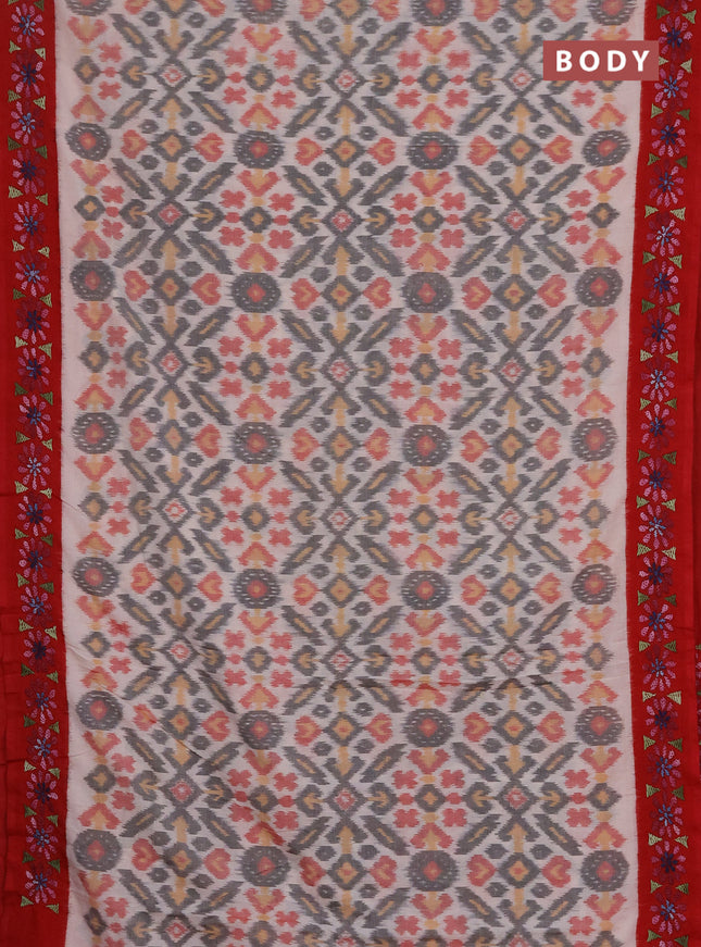 Ikat cotton saree off white and red with allover ikat weaves and kantha stitch work pallu