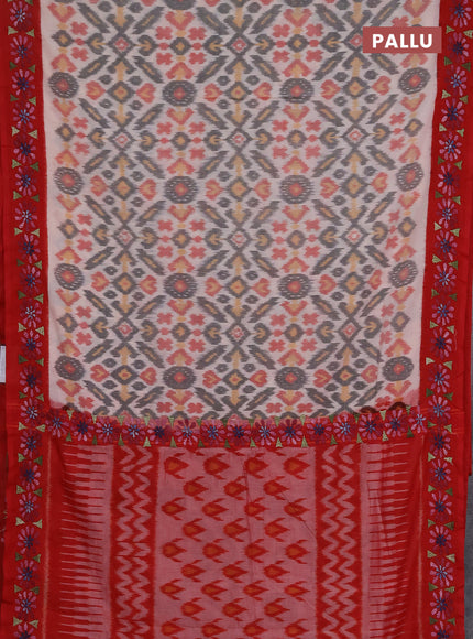 Ikat cotton saree off white and red with allover ikat weaves and kantha stitch work pallu