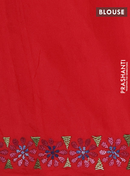 Ikat cotton saree off white and red with allover ikat weaves and kantha stitch work pallu