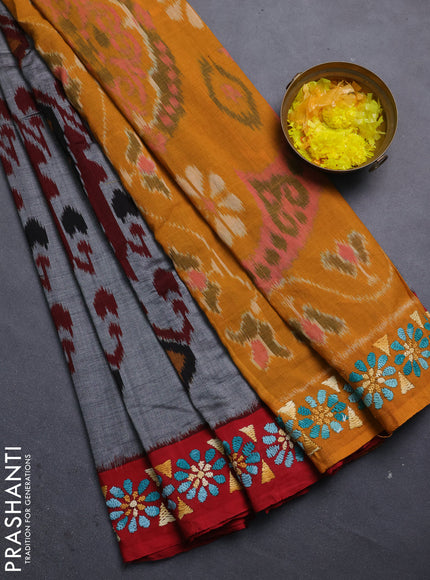 Ikat cotton saree grey with allover ikat weaves & kantha stich work and ganga jamuna border