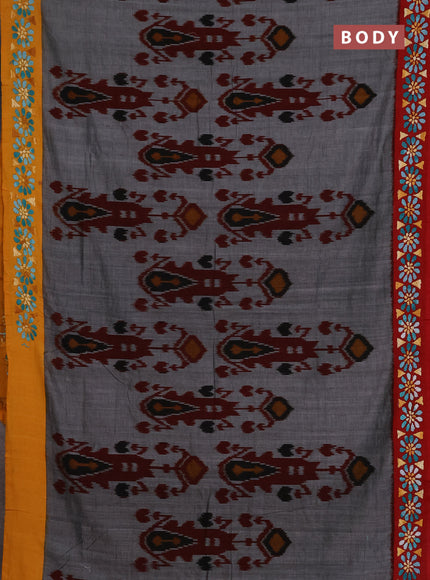 Ikat cotton saree grey with allover ikat weaves & kantha stich work and ganga jamuna border