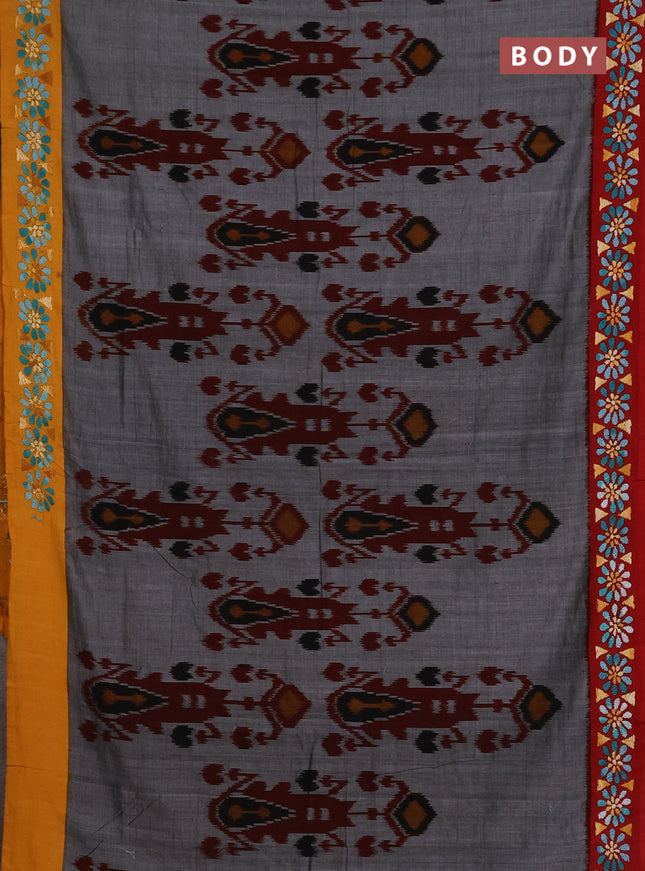 Ikat cotton saree grey with allover ikat weaves & kantha stich work and ganga jamuna border