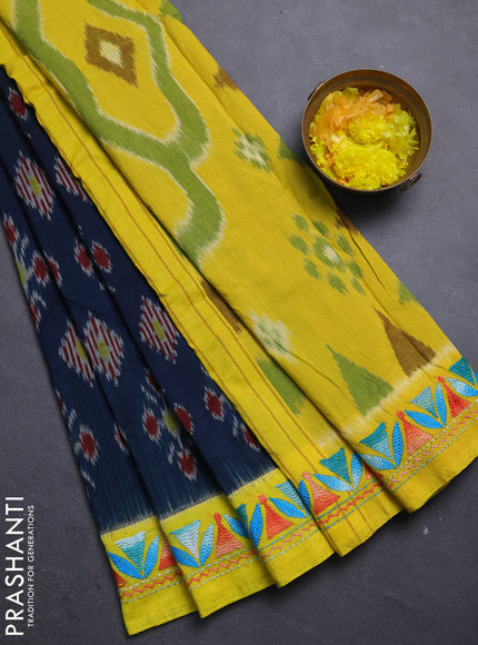 Ikat cotton saree peacock blue and yellow with allover ikat weaves and kantha stitch work pallu
