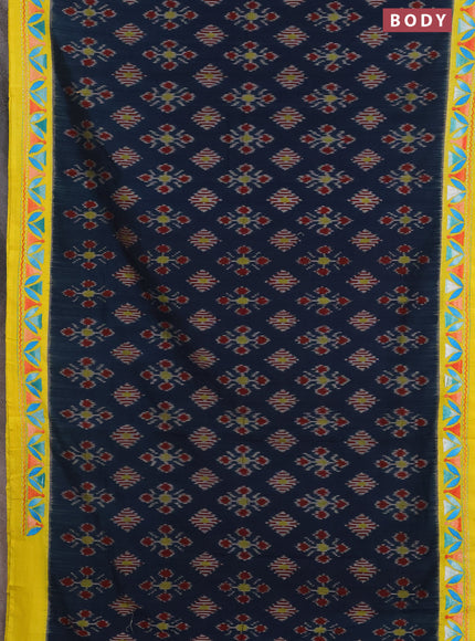 Ikat cotton saree peacock blue and yellow with allover ikat weaves and kantha stitch work pallu