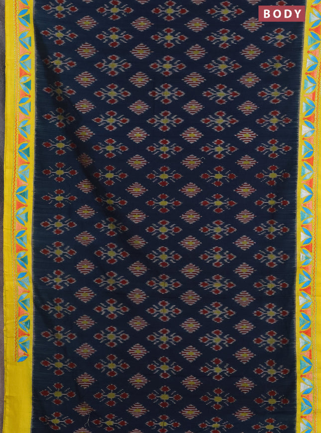 Ikat cotton saree peacock blue and yellow with allover ikat weaves and kantha stitch work pallu