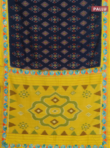 Ikat cotton saree peacock blue and yellow with allover ikat weaves and kantha stitch work pallu