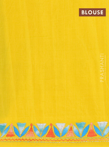 Ikat cotton saree peacock blue and yellow with allover ikat weaves and kantha stitch work pallu