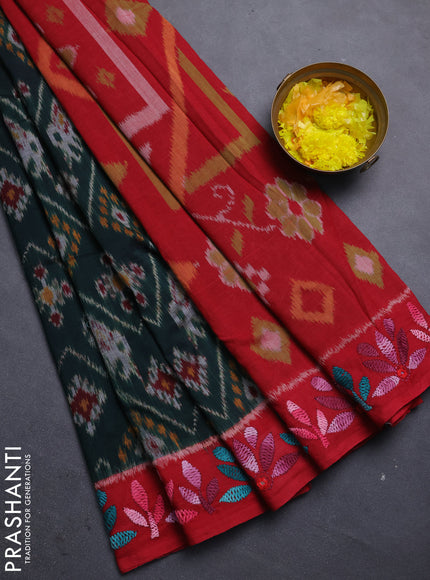 Ikat cotton saree bottle green and red with allover ikat weaves and kantha stitch work pallu
