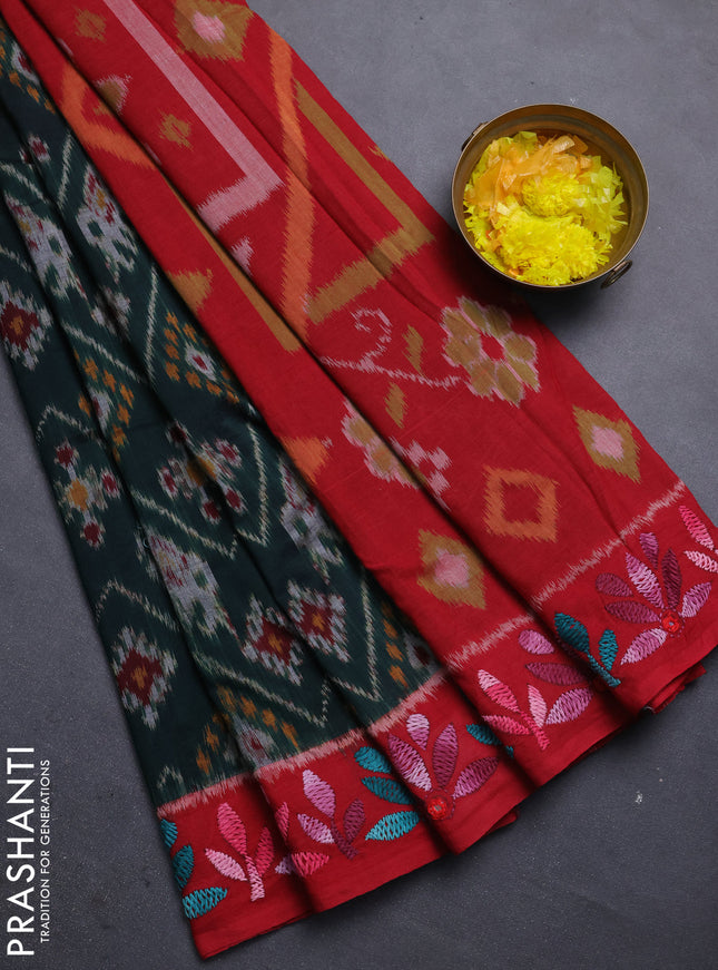 Ikat cotton saree bottle green and red with allover ikat weaves and kantha stitch work pallu