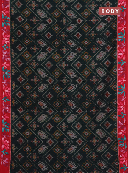 Ikat cotton saree bottle green and red with allover ikat weaves and kantha stitch work pallu