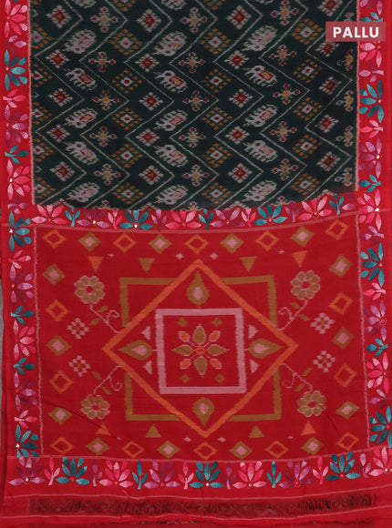 Ikat cotton saree bottle green and red with allover ikat weaves and kantha stitch work pallu