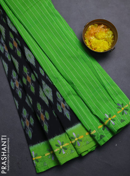 Ikat cotton saree black and light green with allover ikat weaves and kantha stitch work pallu