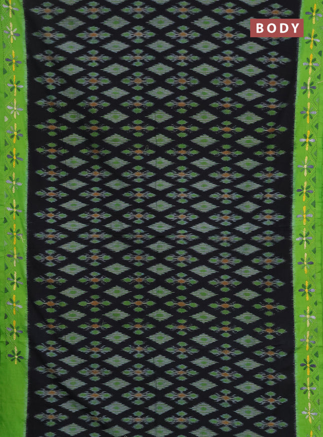 Ikat cotton saree black and light green with allover ikat weaves and kantha stitch work pallu