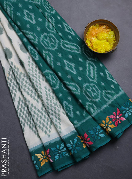 Ikat cotton saree cream and teal green with allover ikat weaves and kantha stitch work pallu